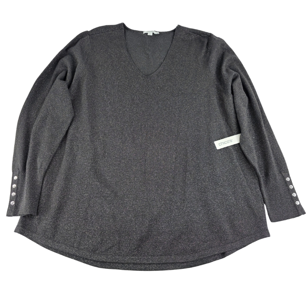 NWT Chico's Size 2X Black Pewter Lurex Sparkle Pullover Sweater 2166-p